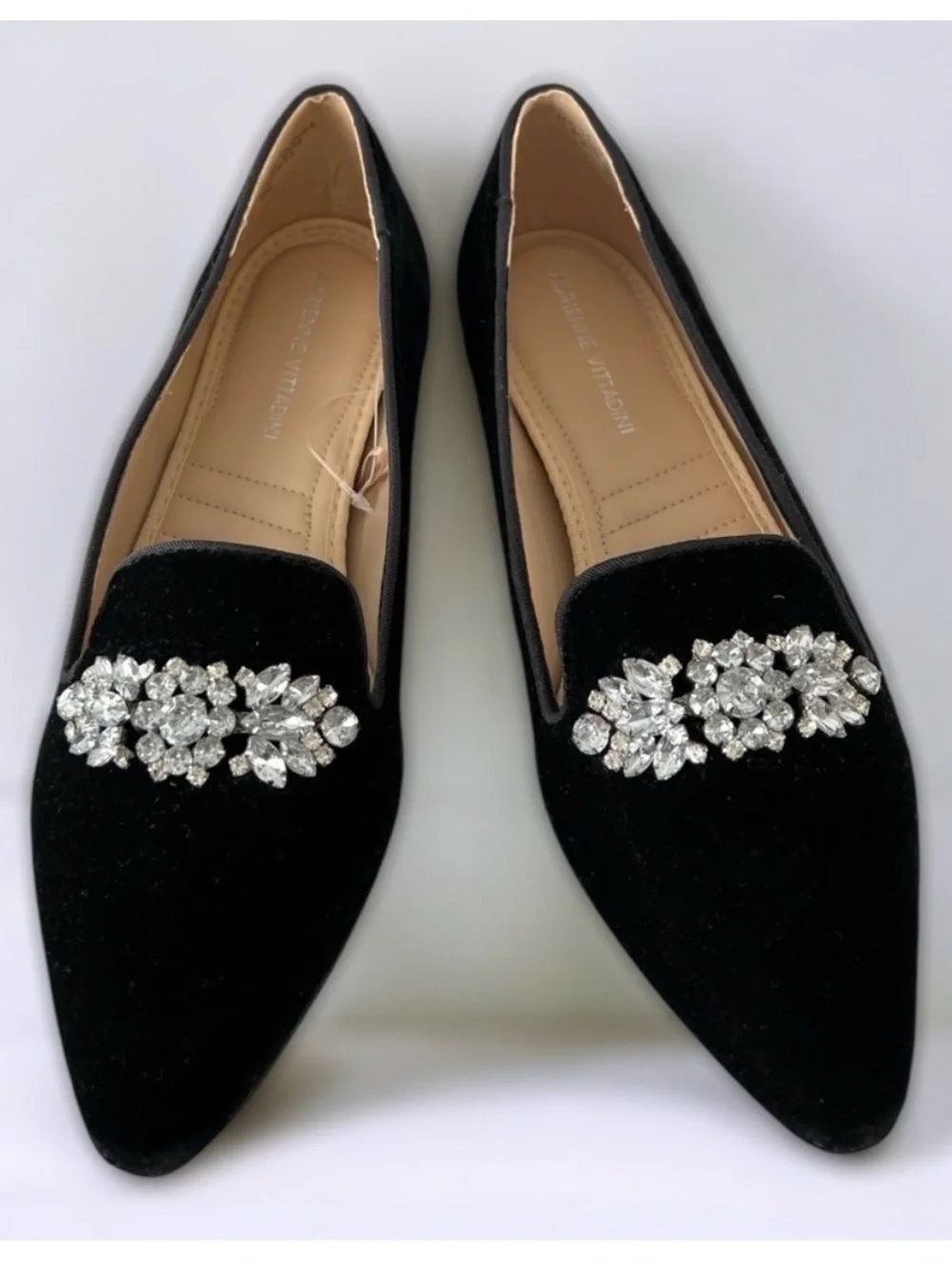 NEW Adrienne Vittadini Women 8 fits 7.5 Black Velvet Embellished Pointed Loafers